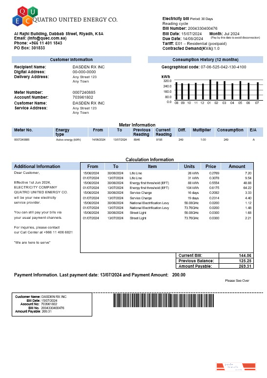 Saudi Arabia Quatro United Energy Co. business utility bill, Word and PDF template PSD template